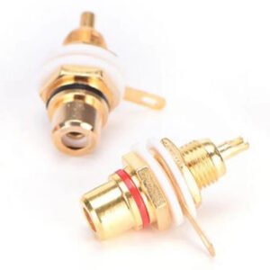 2 x Gold RCA Phono Female Chassis Socket Insulated Panel Mount Red/Black ID