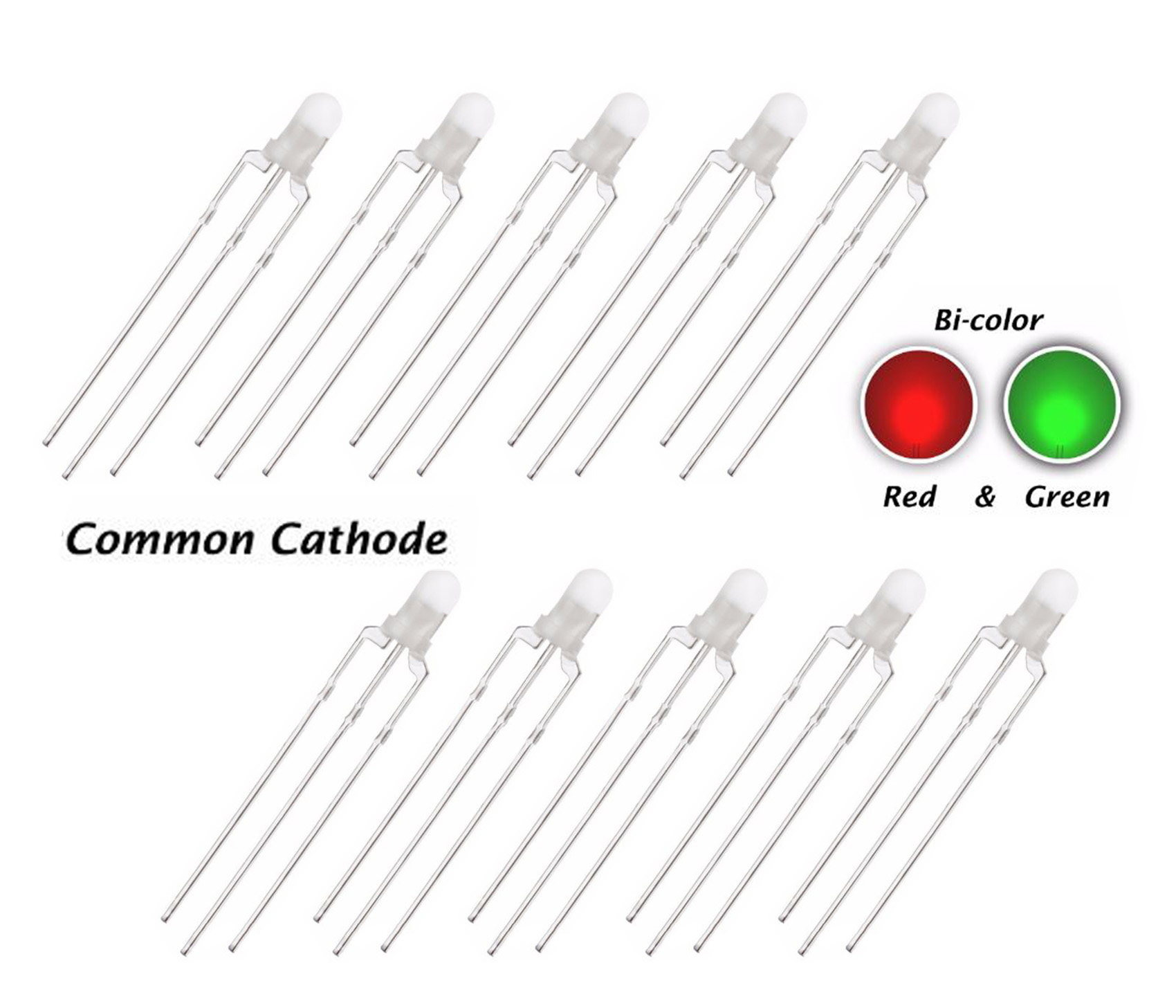 10 x 3mm LED Bi Colour Red & Green Diffused Common Cathode All Top Notch